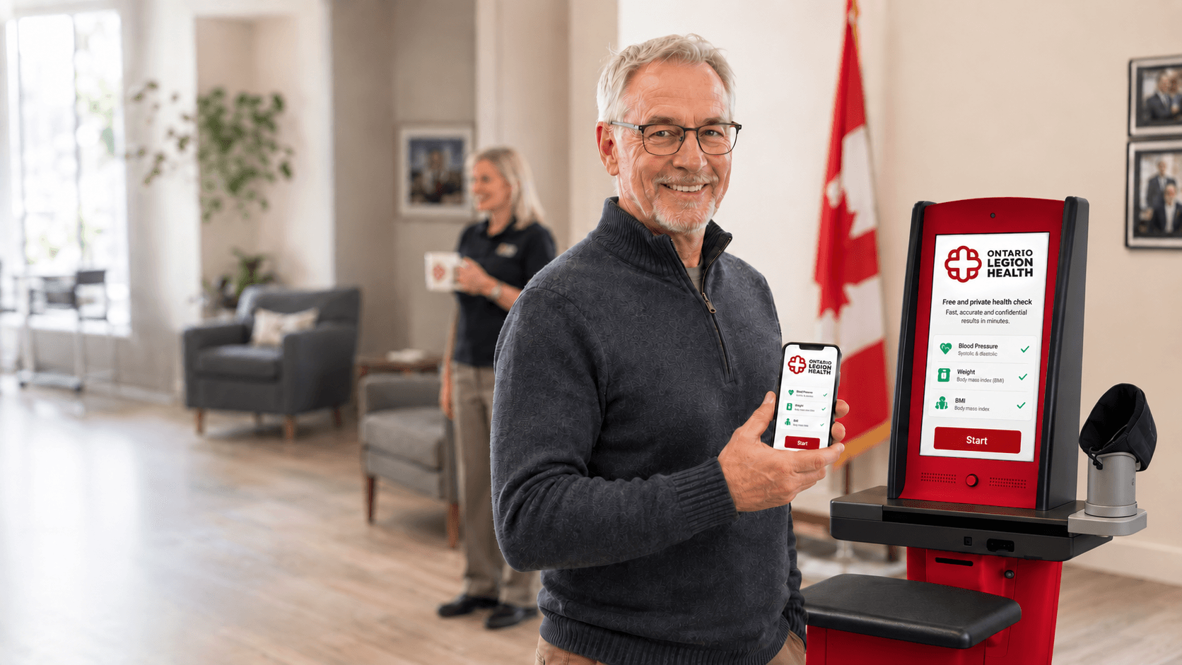 Community member holding the OLH app beside a kiosk at a Legion branch